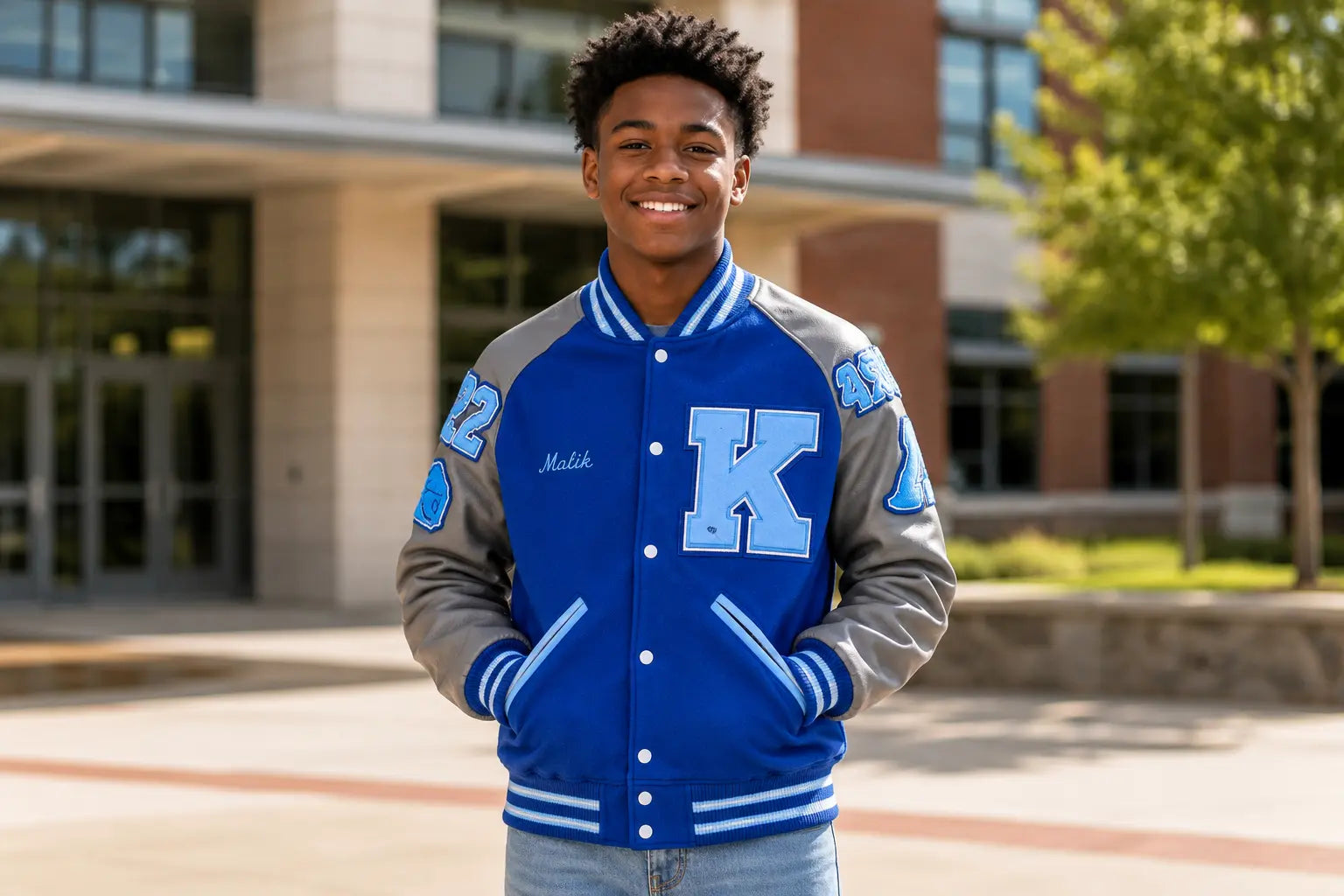 Black high-school student wearing a blue-and-gray personalized varsity letter jacket