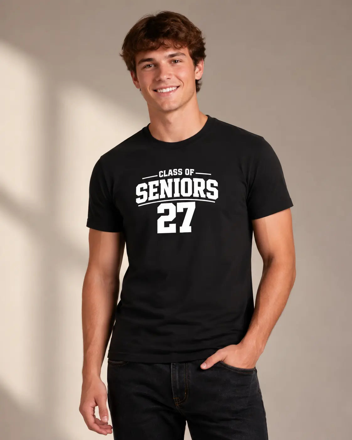 White male senior wearing the black Class of Seniors 2027 T-shirt