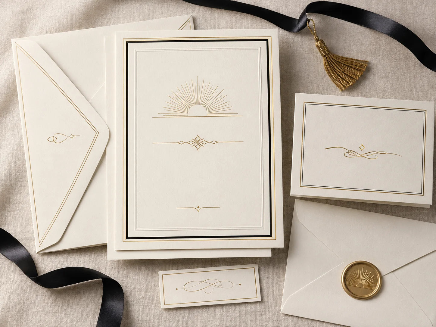 Premium cream graduation announcements with black ribbon and gold details